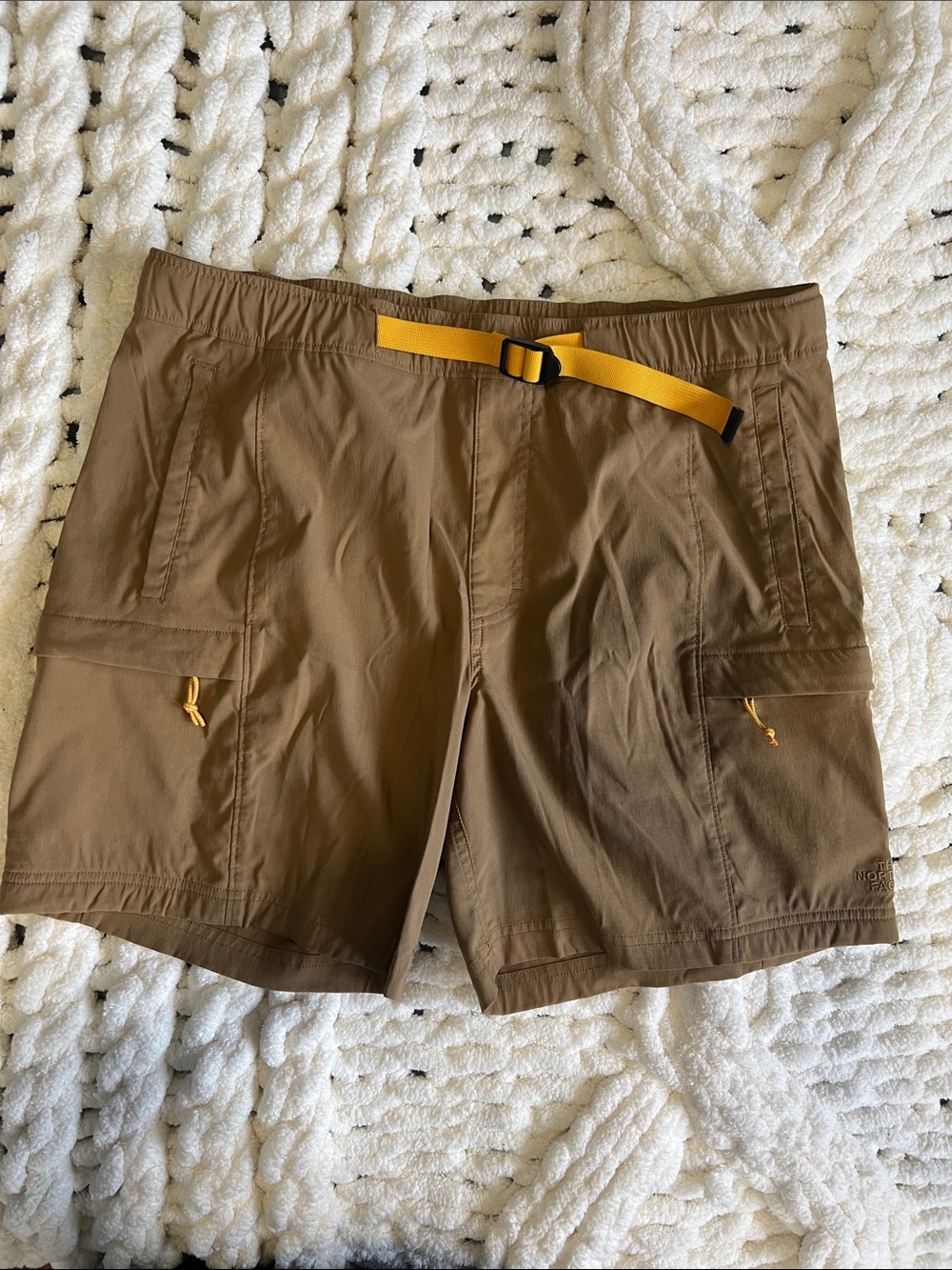 The North Face Brown Cargo Shorts with Yellow Webbing Belt